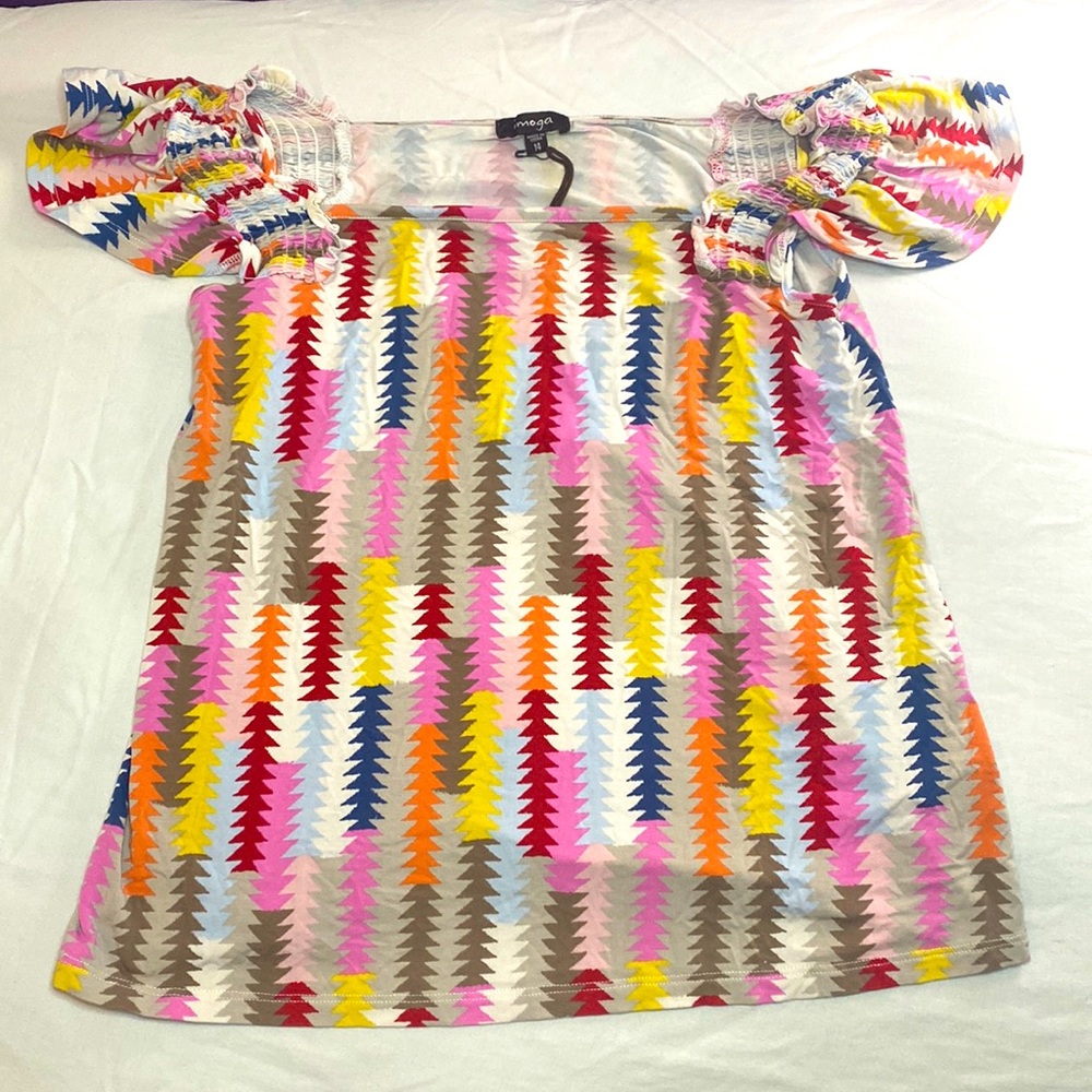 Selling used multicolored Imoga shirt. Size 14 in girls.